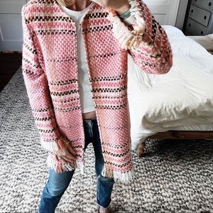 Anthro• Vilagallo Knitted Alpaca Wool Tweed Fringe Hem Coat Blazer Pink •Sz 10